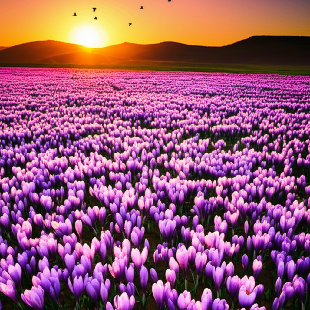 Saffron field with blooming crocus flowers at sunset
